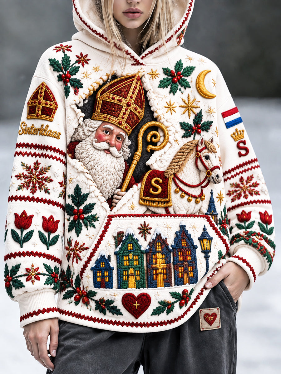 Dames witte Nederlandse sinterklaasdag print casual sweatshirt met capuchon