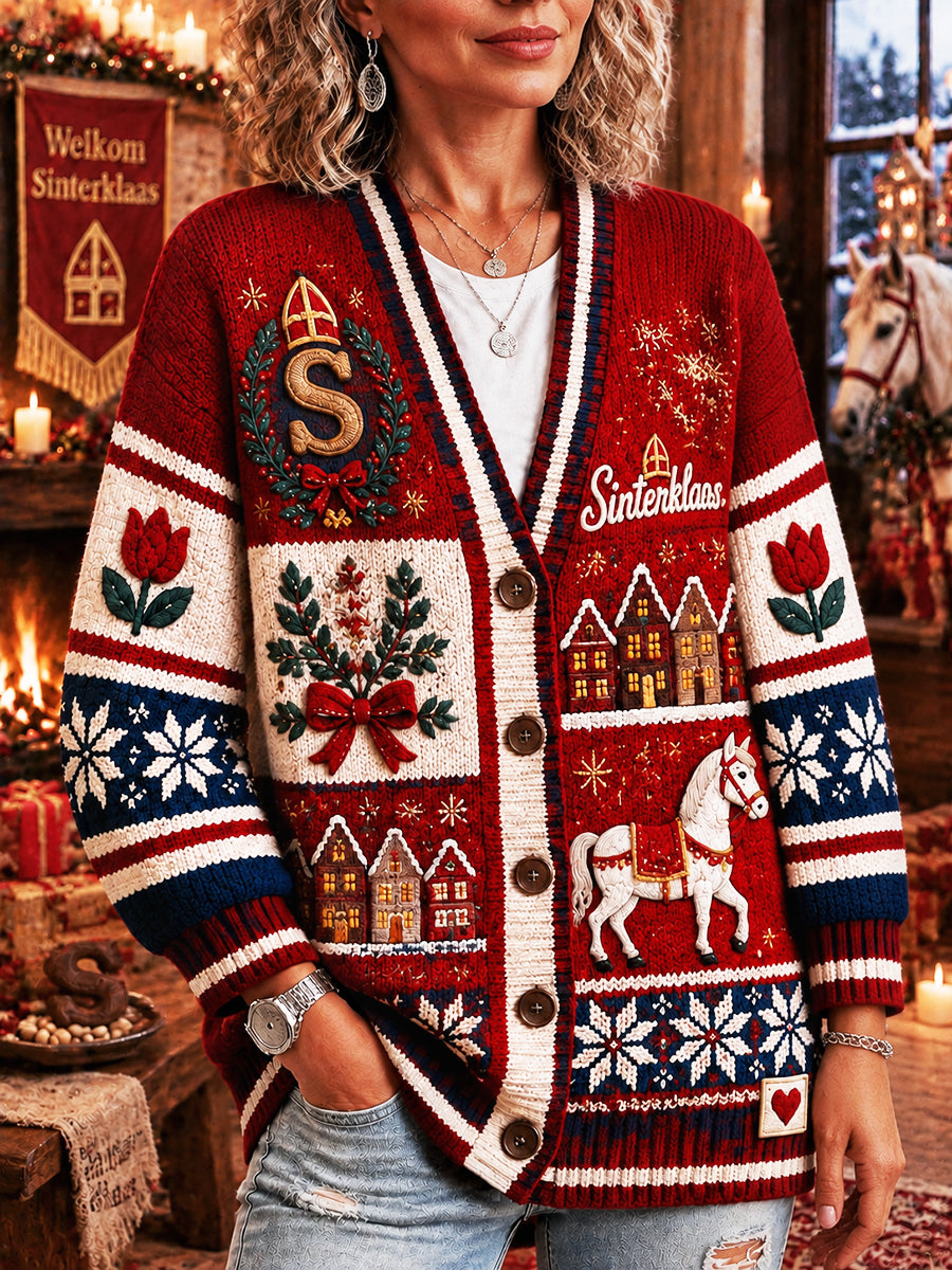 Damesrood Nederlands Sint Nicolaasfeest patchworkprint casual vest met V-hals